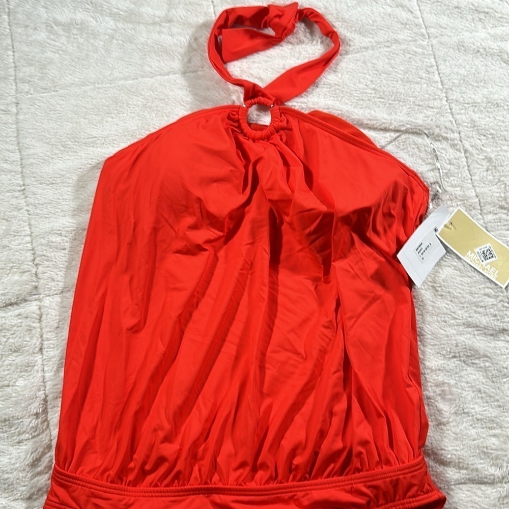 MICHAEL KORS Red Orange Blouson Full Coverage Tie Halter One Piece Swimsuit 10 - Picture 5 of 12